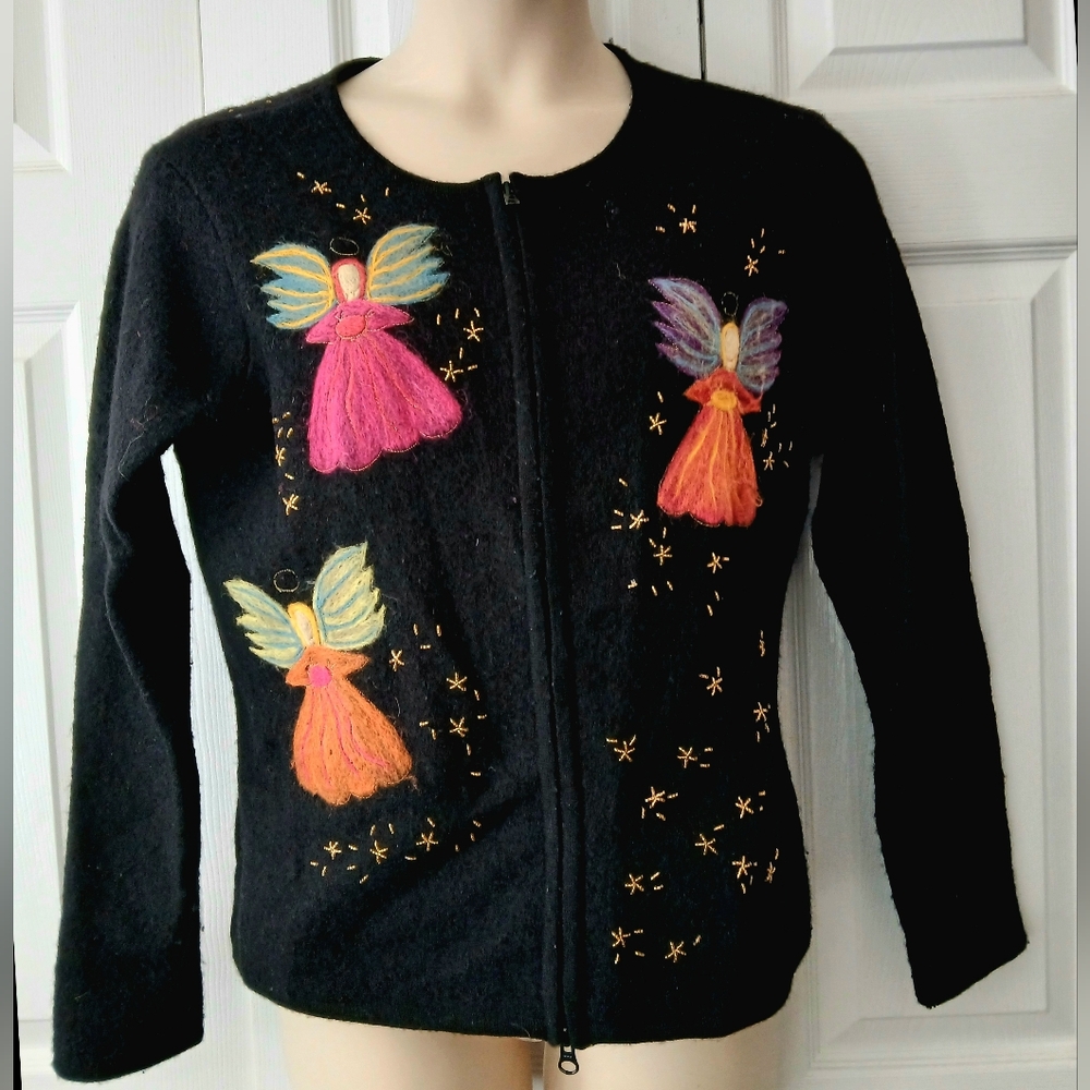 Christmas Sweater TALBOTS Angel Wool Cardigan Vintage Black Felted Colorful Zip